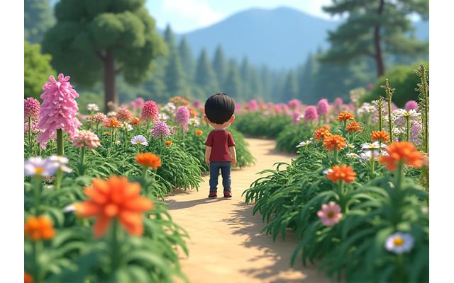 プレイヤーが仮想のアルペンガーデンで植物を育てている様子。美しい花々とデジタルインターフェースが見える