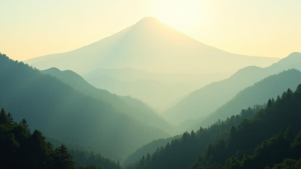 石鎚山の緑豊かな山々の広大な景色、霧と朝日が差し込む