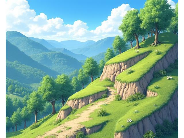 ゲーム画面：土壌侵食防止技術で回復した斜面