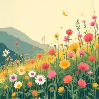 野生の花咲くフェスティバルのアイコン。様々な種類のカラフルな花が咲き乱れている様子