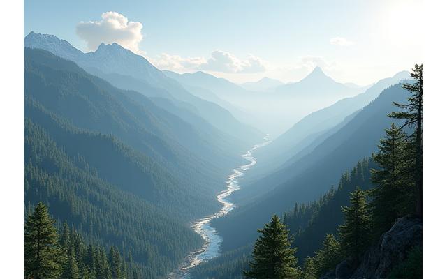 ゲーム内で再現された雄大な山の景色と森林