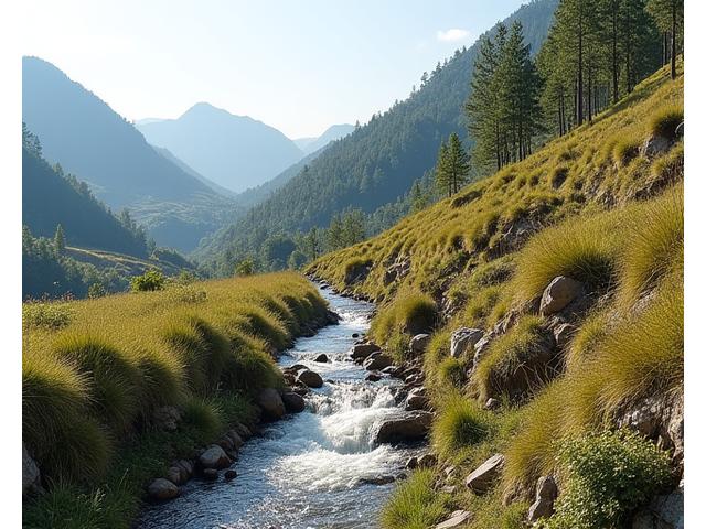 土砂崩れを防ぐための自然な浸食コントロール策が施されている山の斜面