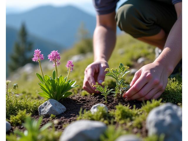 持続可能な山岳庭園で多様な高山植物を育てるプレイヤーのクローズアップ